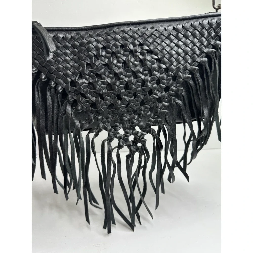 The Sak Filmore Purse Fringe Woven Black Leather Crossbody Clutch - Picture 5 of 16